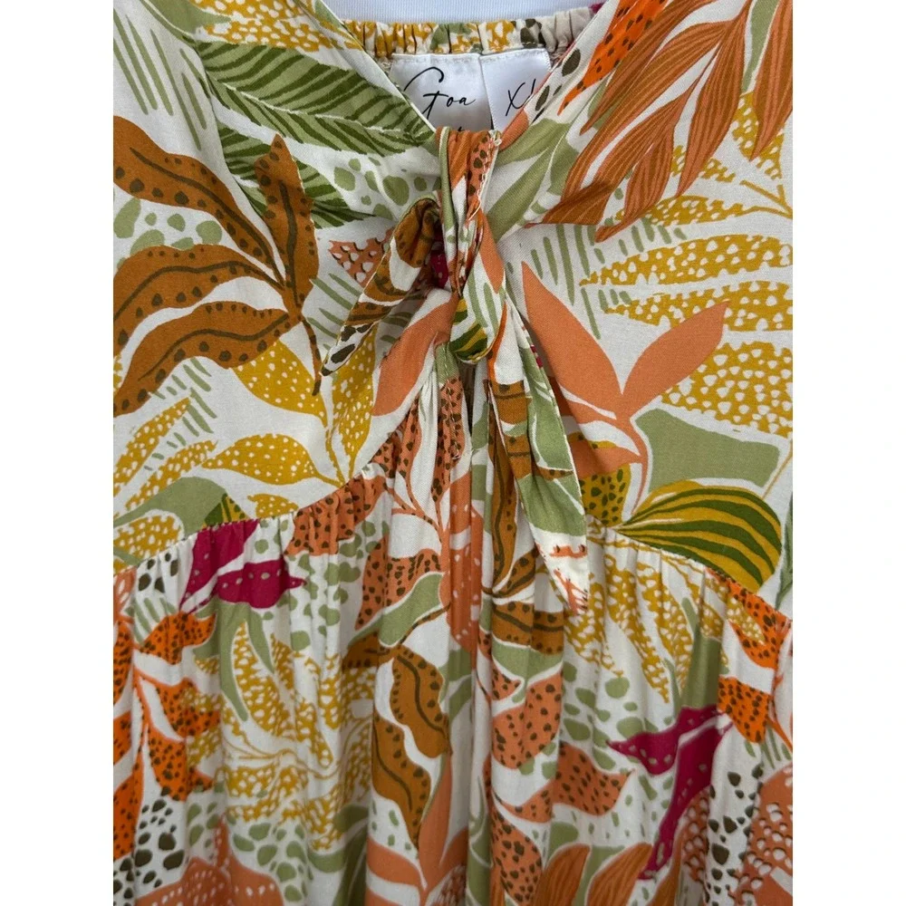 Goa Beachwear by Japna Tropical Leaf Print Smocked Midi Dress‎ XL Orange Green